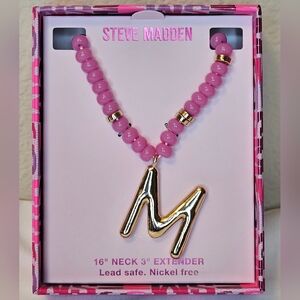 Steve Madden Initial "M" Pink Beaded Necklace 16" Chain/3" Extender NWT NIB